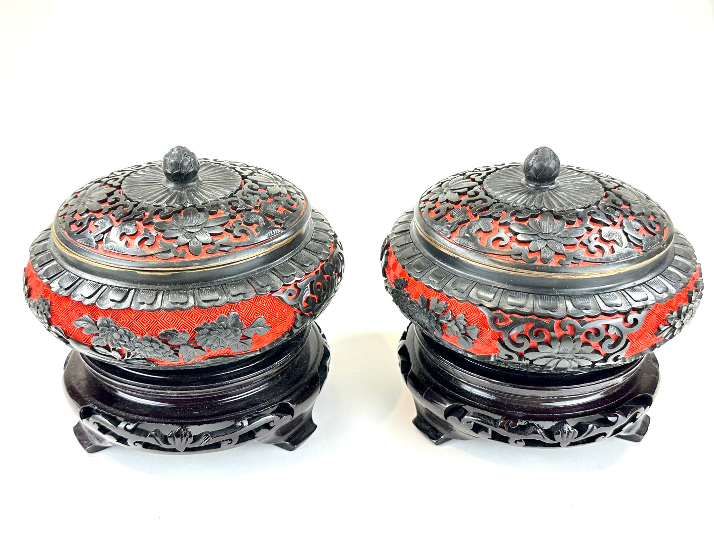 Vintage Chinese Cavered Lacquer Lidded Bowls Floral & Arabesque Motif Pair