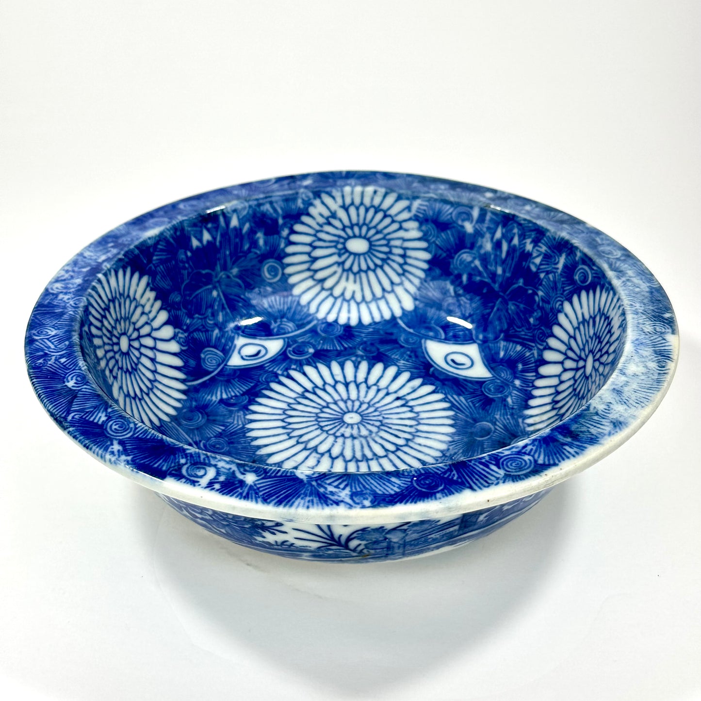 Antique Japanese Imari Sometsuke Blue White Porcelain Bowl Kiku Hanazume Late Edo 19th 8"W
