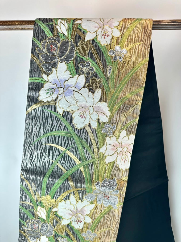 Vintage Japanese Silk Fukuro Obi Gold Foil Orchid Black Ground 13'L