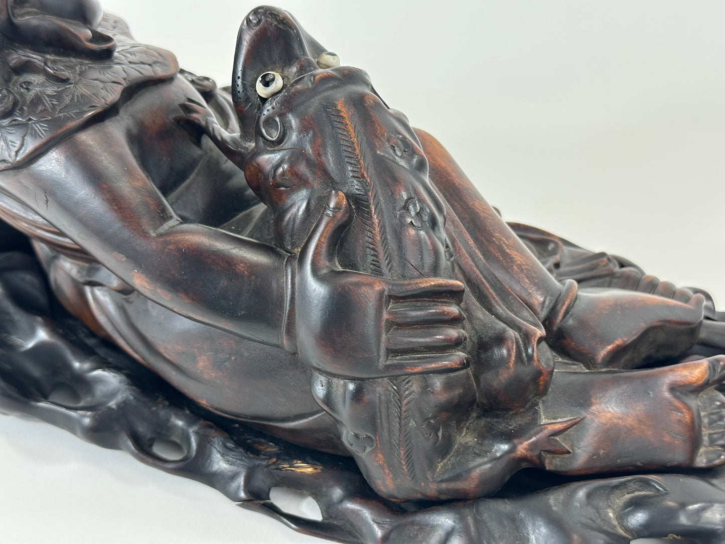 Chinese Hongmu Reclining Budai / Hotei with Three-Legged Lucky Frog – 16"