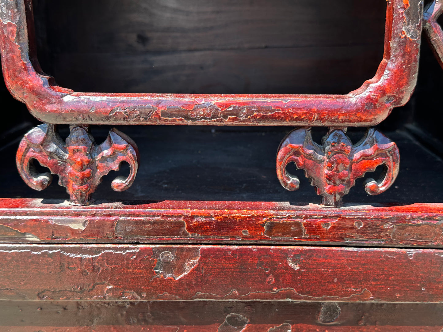 Antique Chinese Qing Red Lacquer Low Sideboard Cabinet Pierced Panel 62"W LS#150