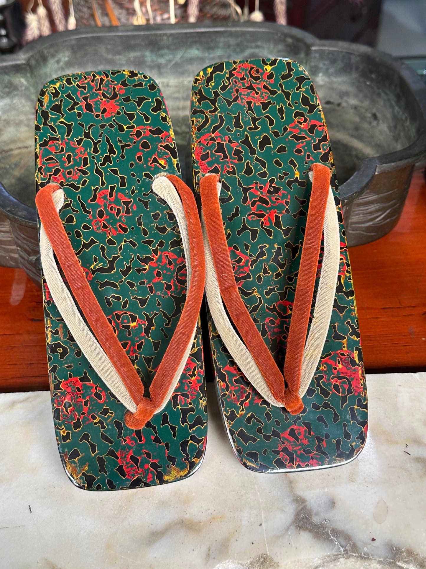 Antique Japanese Lacquered Nurigeta Marbled Lacquer Velvet Straps Pair 9"L