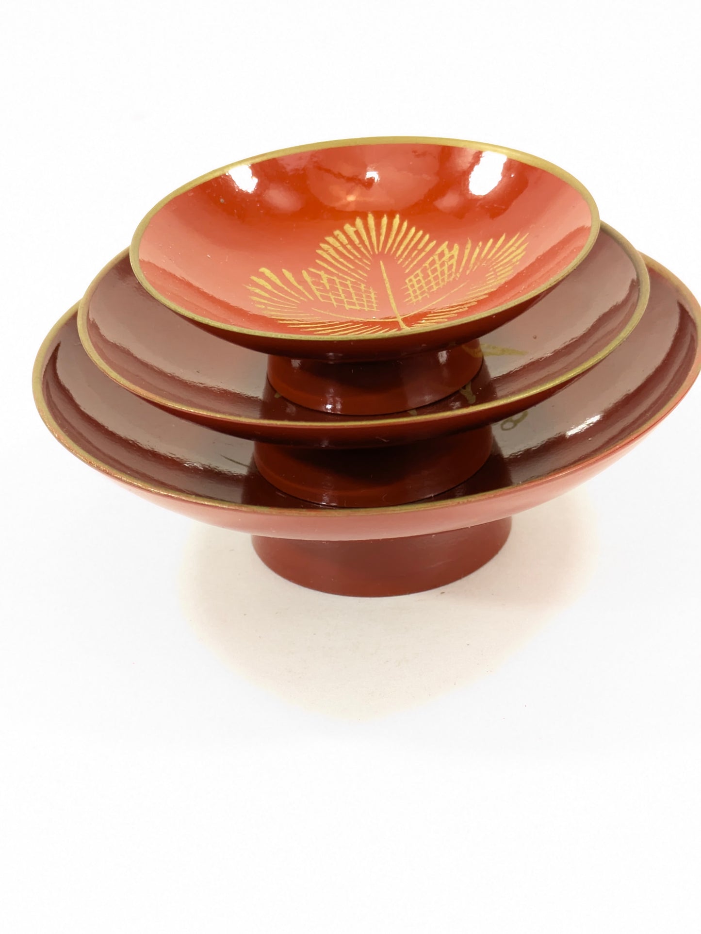 Vintage Japanese Red Lacquer Sakazuki Sake Cups Set x3 Gold Makie 4”