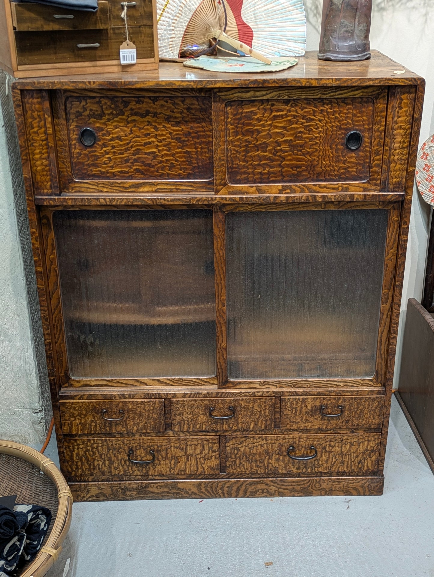 Rare Antique Japanese Taisho Era c1920's Chadansu Tea Tansu Burle Wood 39"H