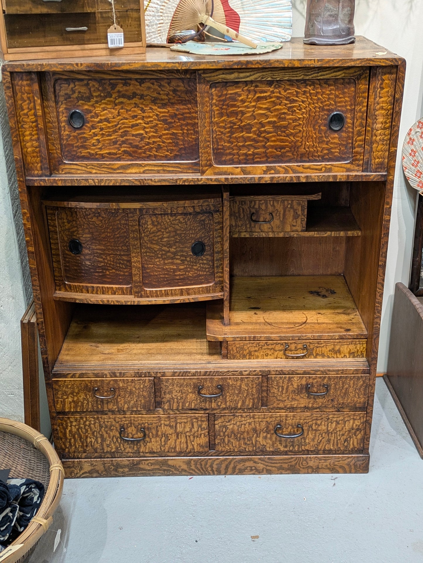 Rare Antique Japanese Taisho Era c1920's Chadansu Tea Tansu Burle Wood 39"H