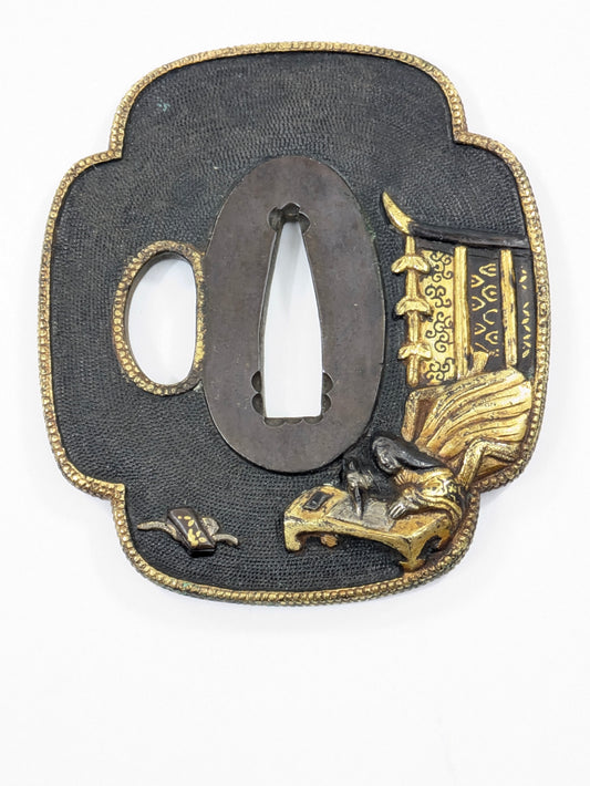Japanese Edo Period Iron Tsuba Genji Monogatari Scene Gold Silver Inlay LS193