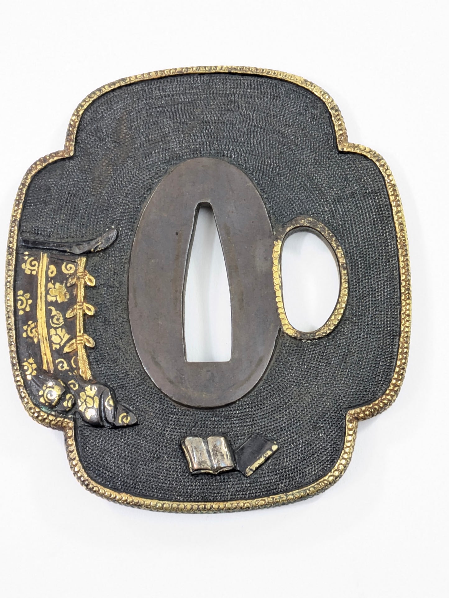 Japanese Edo Period Iron Tsuba Genji Monogatari Scene Gold Silver Inlay LS193