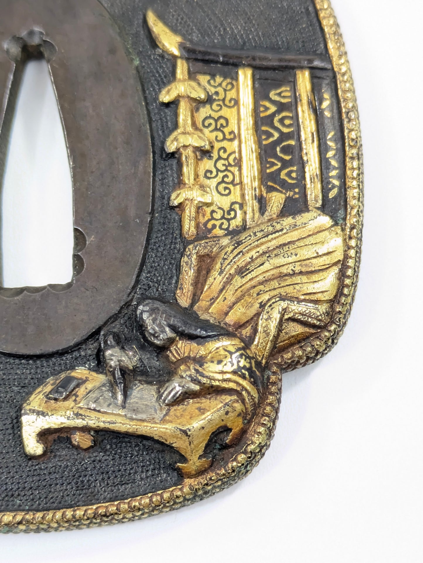 Japanese Edo Period Iron Tsuba Genji Monogatari Scene Gold Silver Inlay LS193