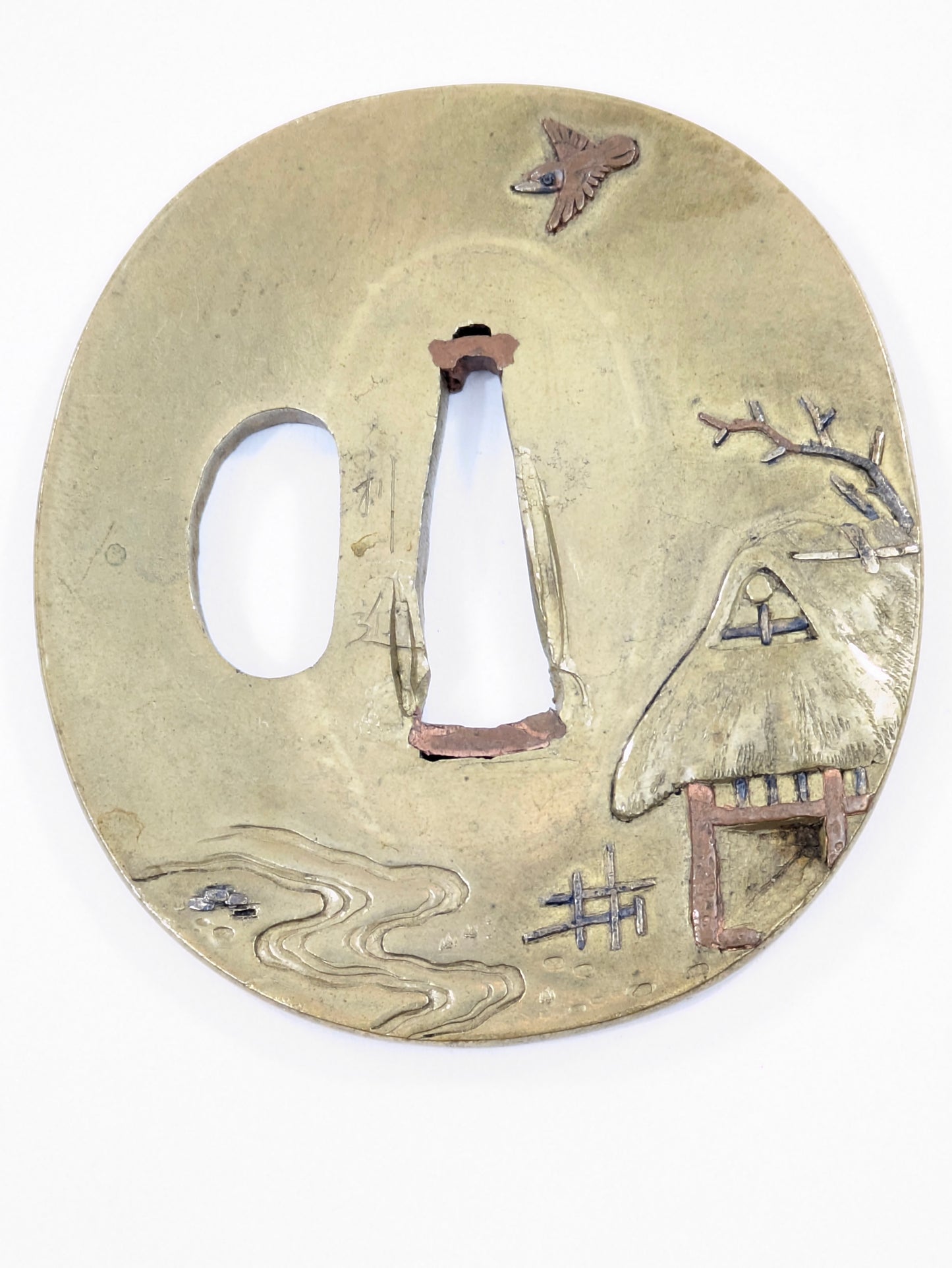 Signed Antique Japanese Tsuba Sword Guard w/ Crow House & Artisan Tools LS#114