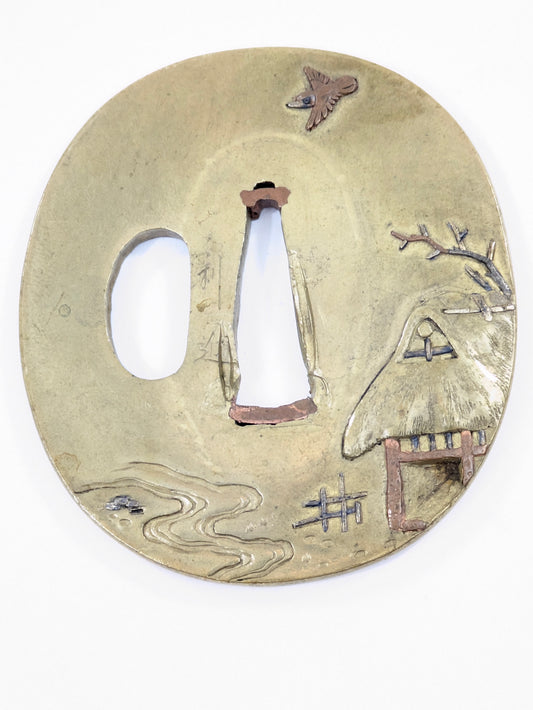 Signed Antique Japanese Tsuba Sword Guard w/ Crow House & Artisan Tools LS#114