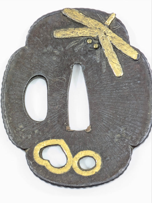 Antique Japanese Iron Tsuba with Dragonfly and Gold Inlay Sword Gaurd Hilt 3"