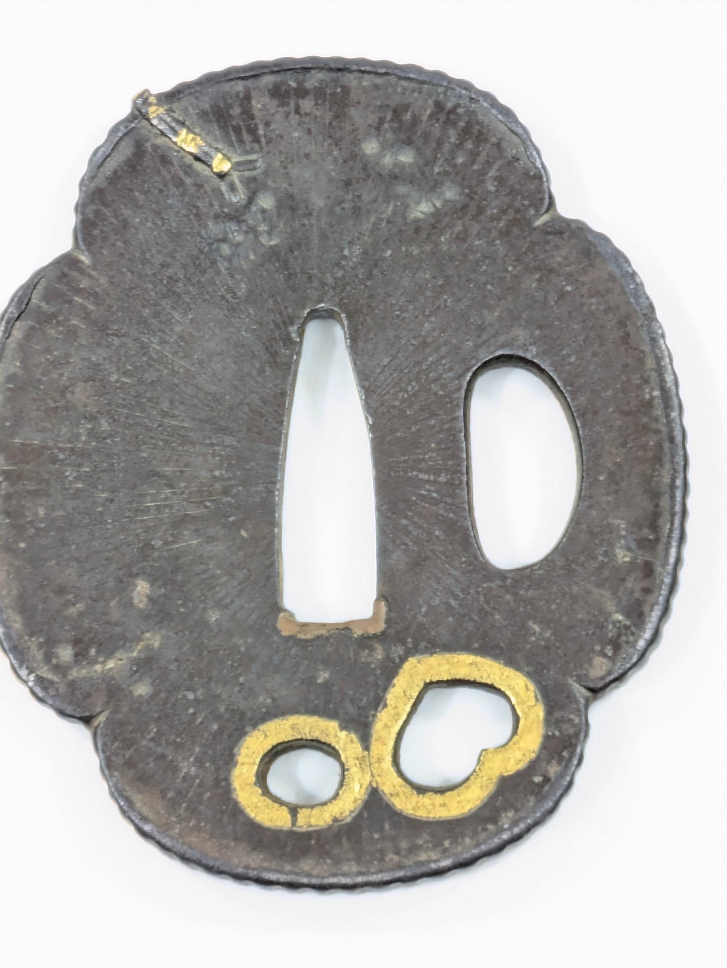 Antique Japanese Iron Tsuba with Dragonfly and Gold Inlay Sword Gaurd Hilt 3"