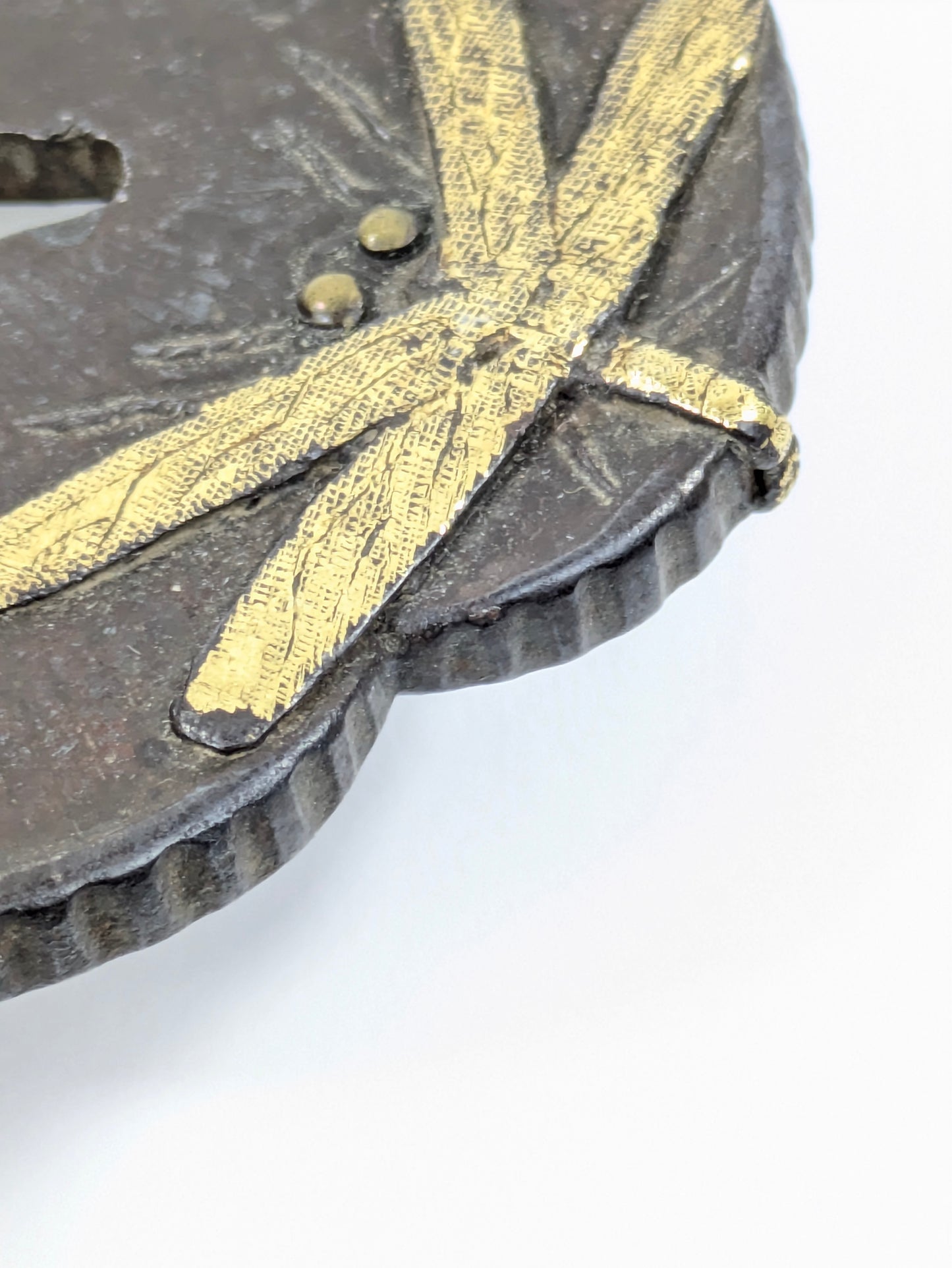 Antique Japanese Iron Tsuba with Dragonfly and Gold Inlay Sword Gaurd Hilt 3"