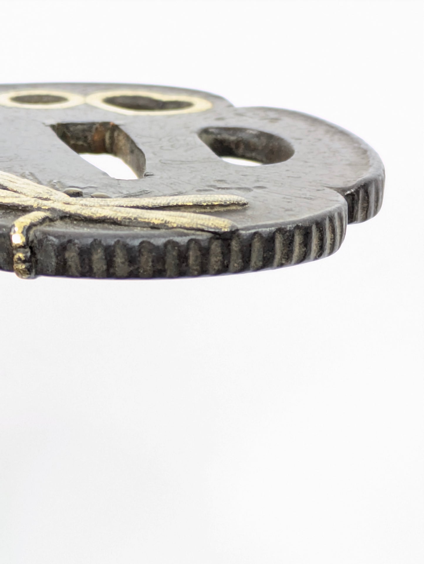 Antique Japanese Iron Tsuba with Dragonfly and Gold Inlay Sword Gaurd Hilt 3"