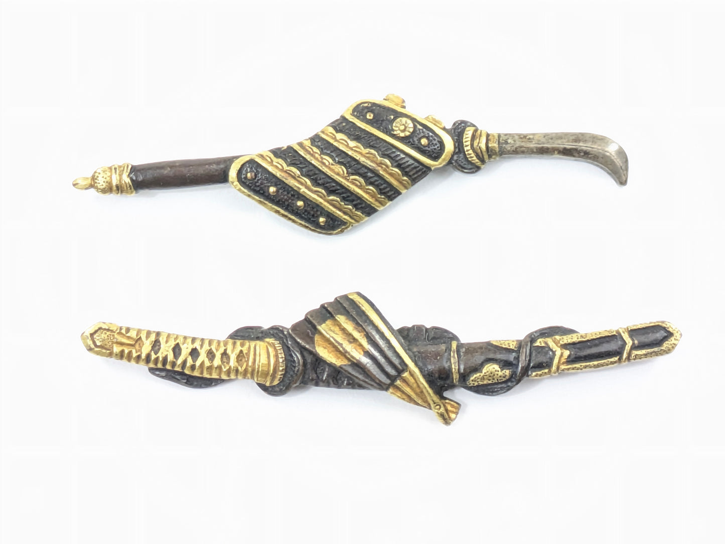 Edo Period Menuki Pair: Naginata with Sode Armor & Fan Sheathed Sword Shakudō Gold Details LS104