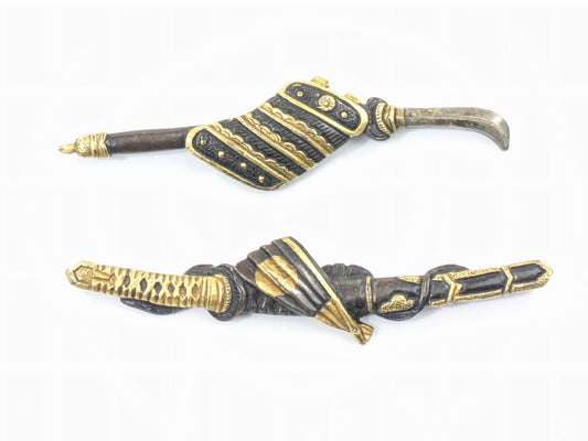 Edo Period Menuki Pair: Naginata with Sode Armor & Fan Sheathed Sword Shakudō Gold Details LS104