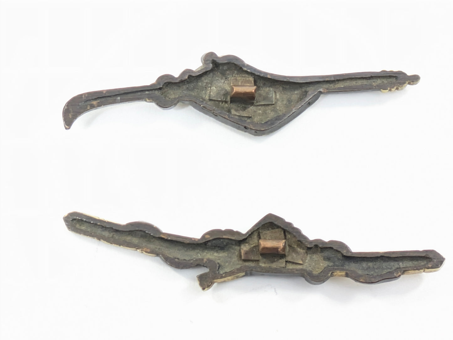 Edo Period Menuki Pair: Naginata with Sode Armor & Fan Sheathed Sword Shakudō Gold Details LS104