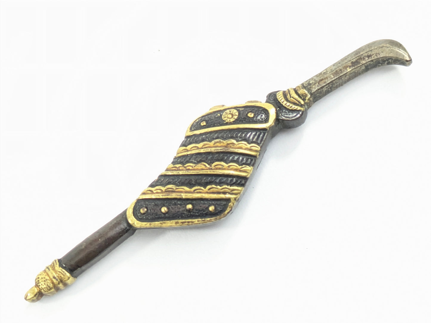 Edo Period Menuki Pair: Naginata with Sode Armor & Fan Sheathed Sword Shakudō Gold Details LS104