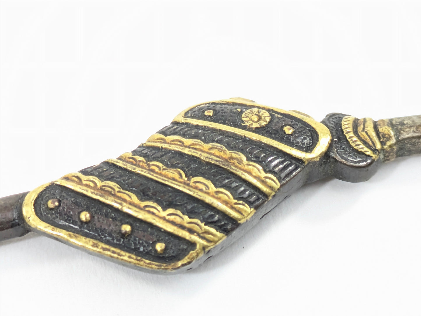 Edo Period Menuki Pair: Naginata with Sode Armor & Fan Sheathed Sword Shakudō Gold Details LS104