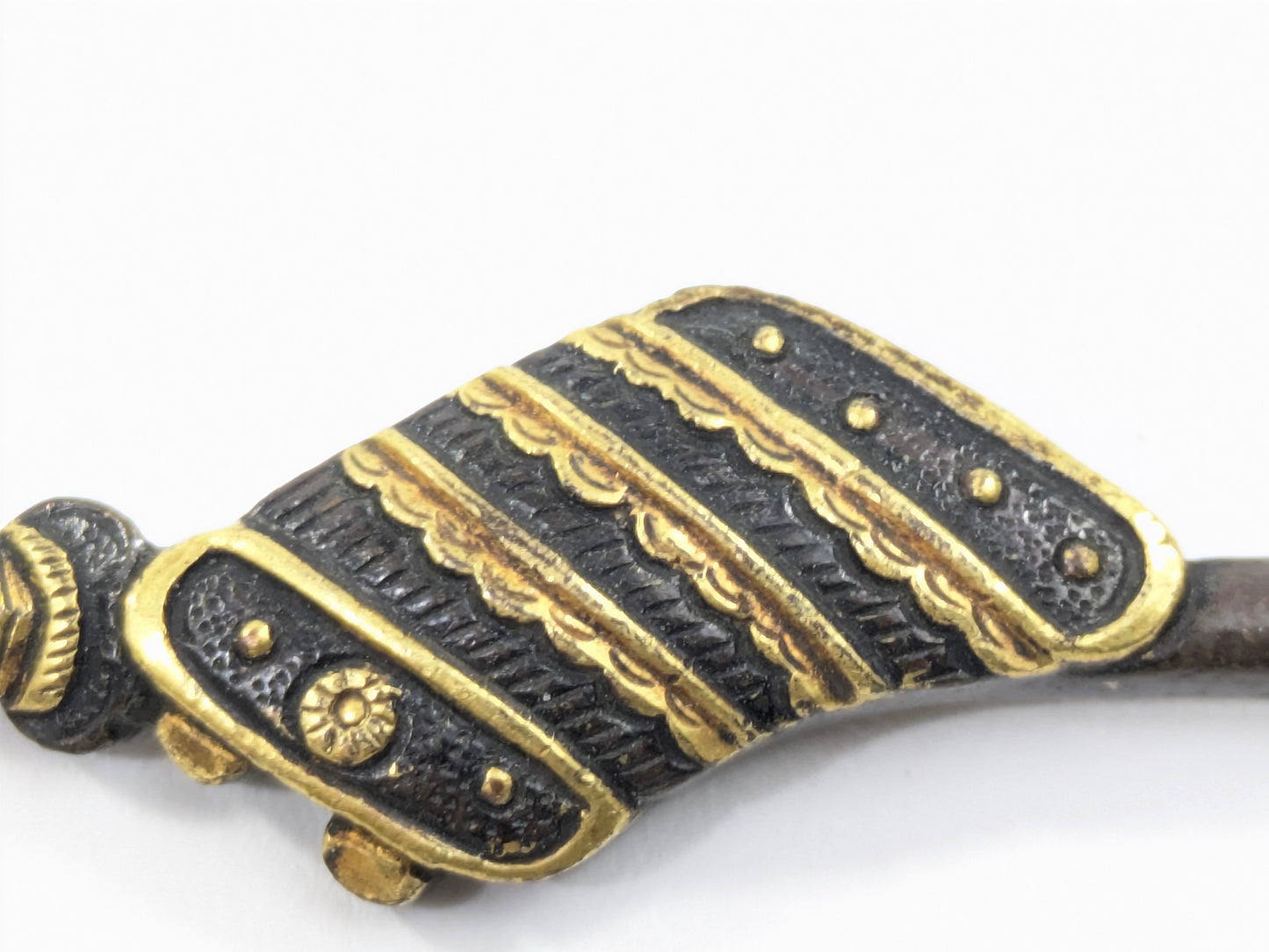 Edo Period Menuki Pair: Naginata with Sode Armor & Fan Sheathed Sword Shakudō Gold Details LS104