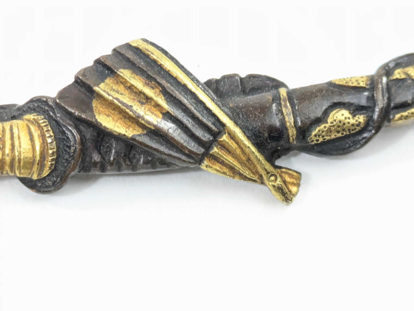 Edo Period Menuki Pair: Naginata with Sode Armor & Fan Sheathed Sword Shakudō Gold Details LS104