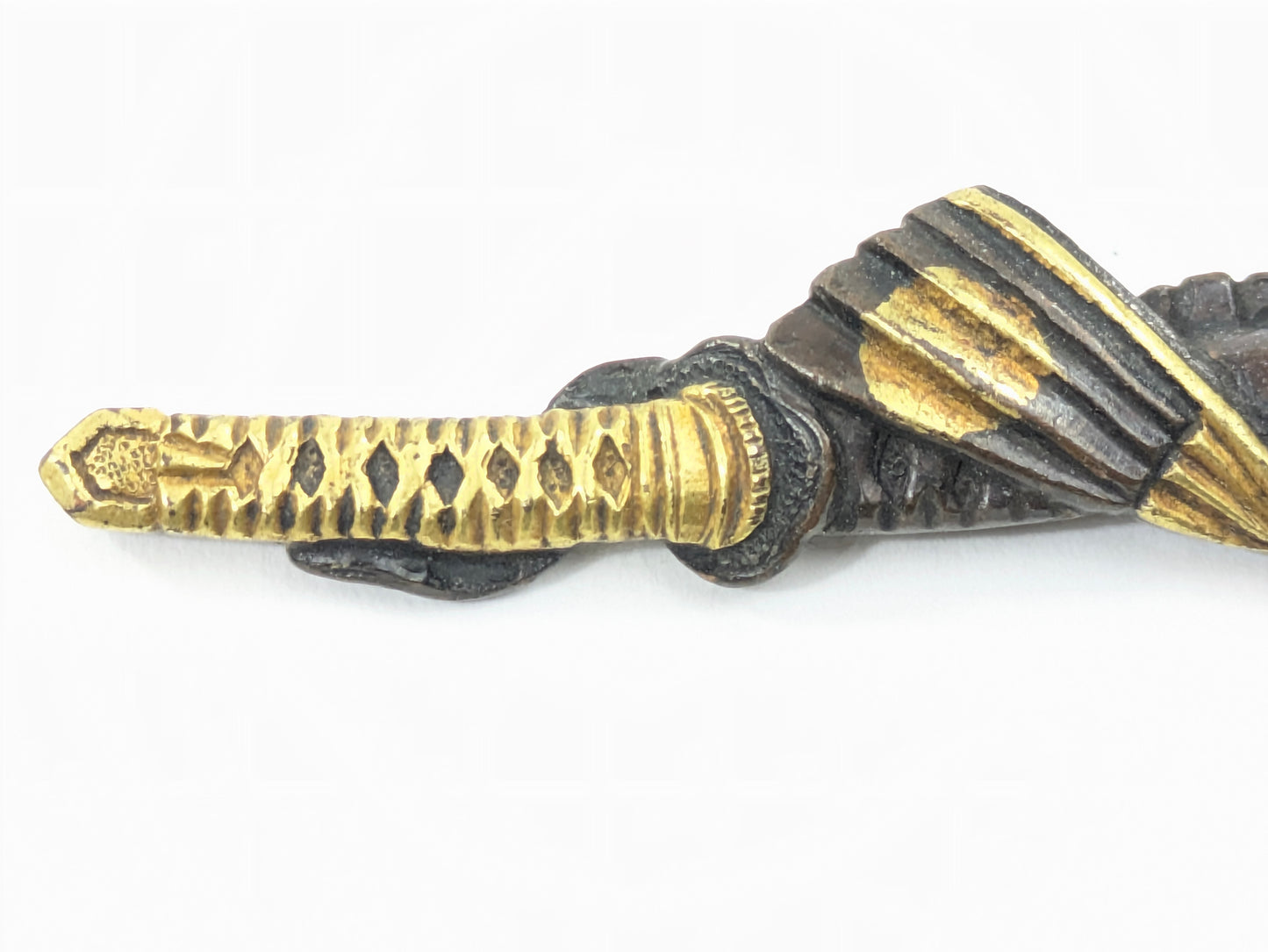 Edo Period Menuki Pair: Naginata with Sode Armor & Fan Sheathed Sword Shakudō Gold Details LS104