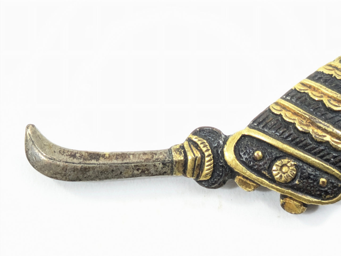 Edo Period Menuki Pair: Naginata with Sode Armor & Fan Sheathed Sword Shakudō Gold Details LS104