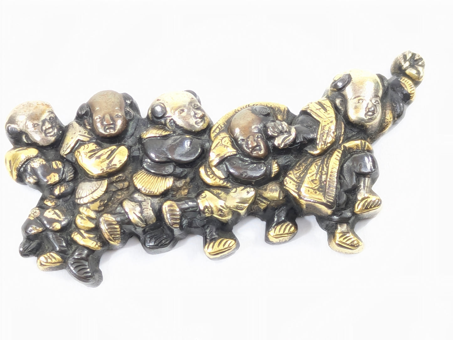 Menuki of Children at Play Japanese, Edo period (18th–19th century)  Shakudō with gold and silver details Samurai Sword Ornament  LS 072