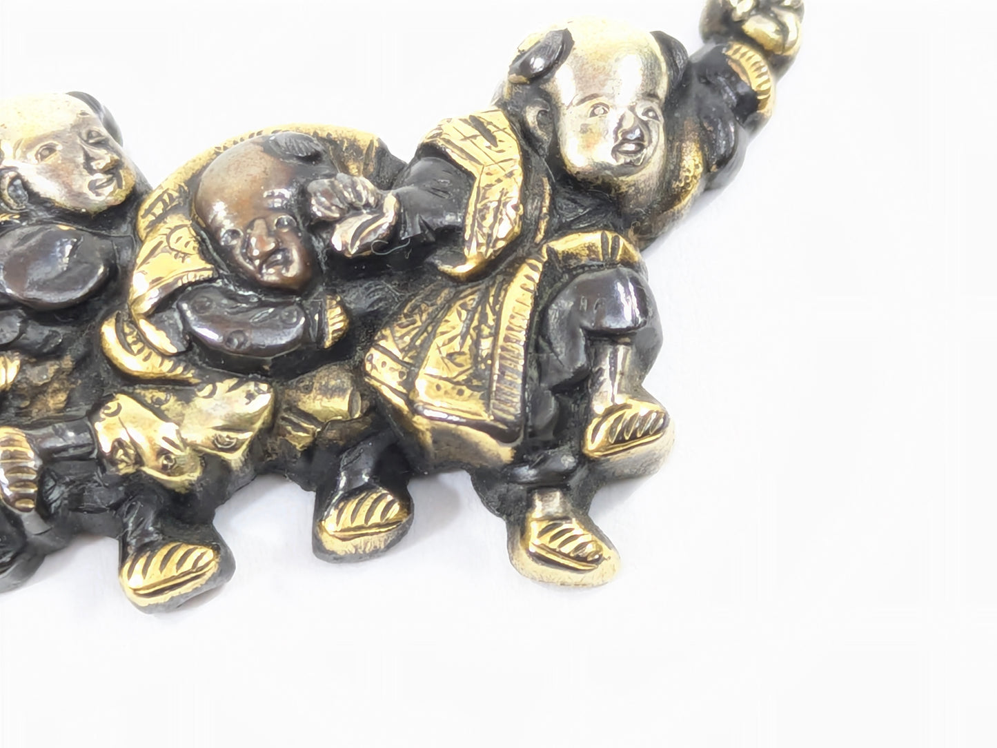 Menuki of Children at Play Japanese, Edo period (18th–19th century)  Shakudō with gold and silver details Samurai Sword Ornament  LS 072
