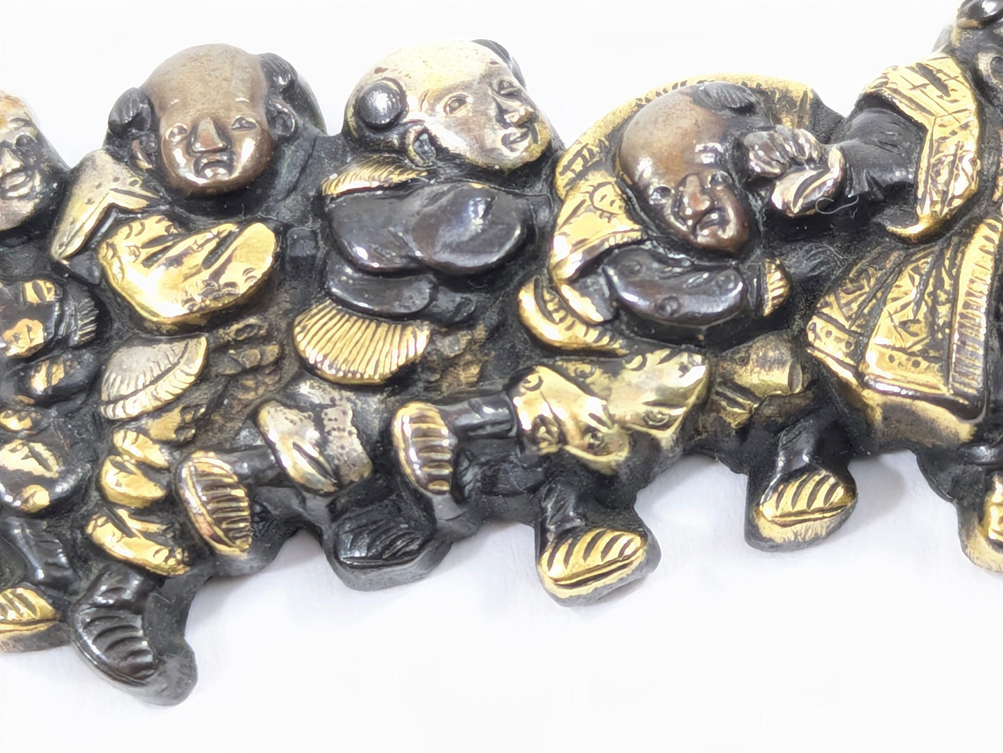 Menuki of Children at Play Japanese, Edo period (18th–19th century)  Shakudō with gold and silver details Samurai Sword Ornament  LS 072