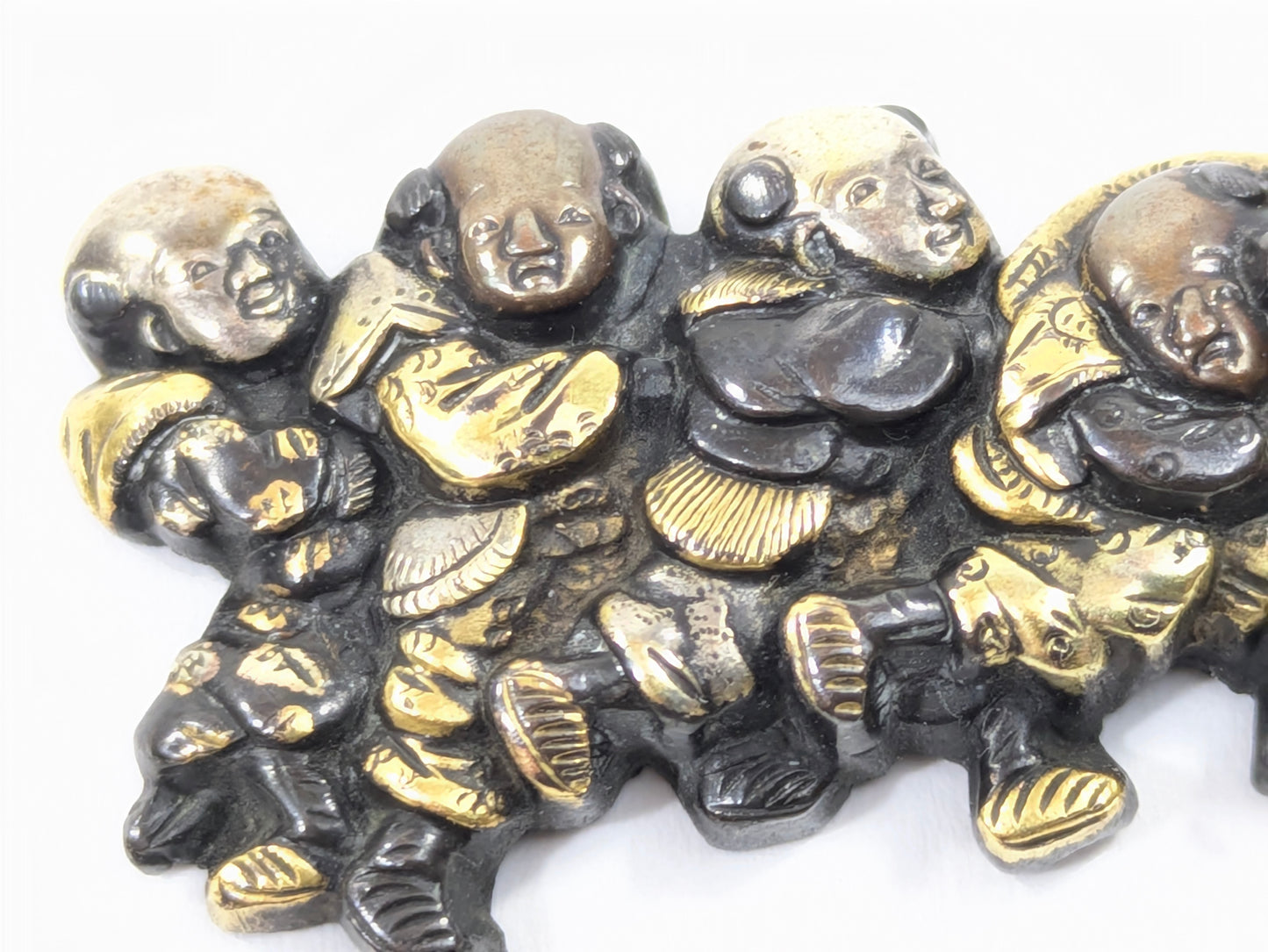 Menuki of Children at Play Japanese, Edo period (18th–19th century)  Shakudō with gold and silver details Samurai Sword Ornament  LS 072