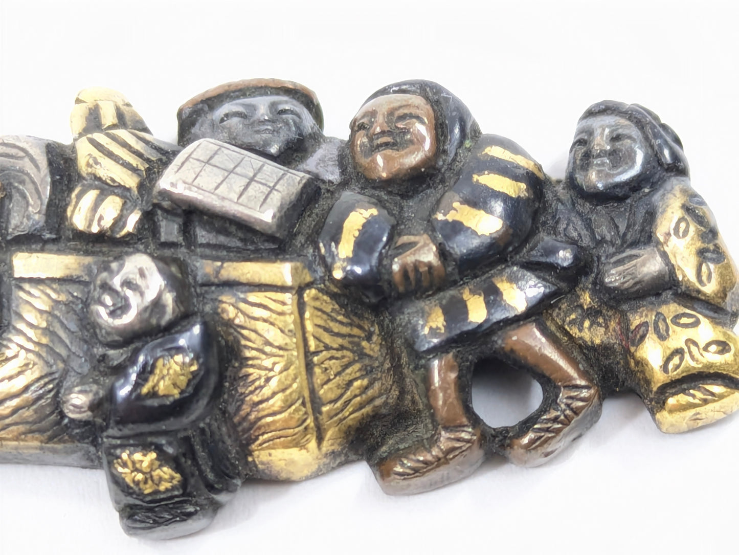 Menuki of Children at Play Japanese, Edo period (18th–19th century)  Shakudō with gold and silver details Samurai Sword Ornament  LS 072