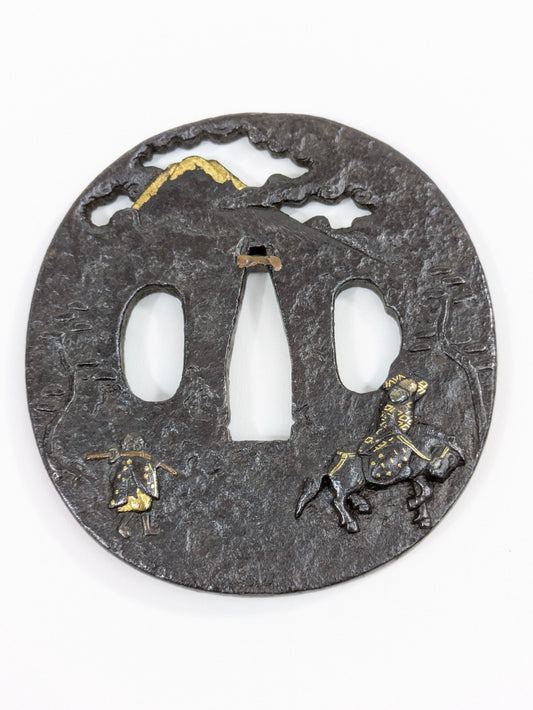 Iron Tsuba with Daimyō Procession and Fuji Japan Edo Period (18th century) Iron w/ Gold & Silver Nunome-Zōgan Inlay Guard Sword Katana