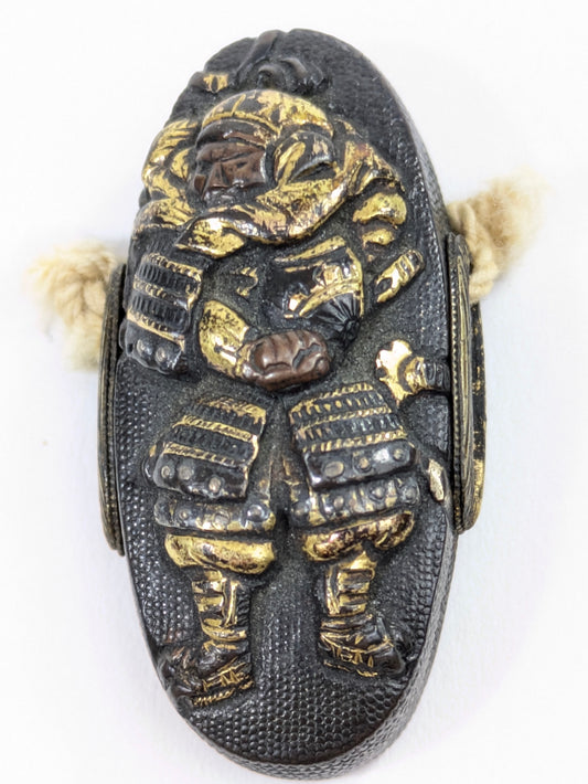 Antique Japanese Edo-Period Sword Katana Fuchi Kashira Samurai Warrior in Gold on Shakudō