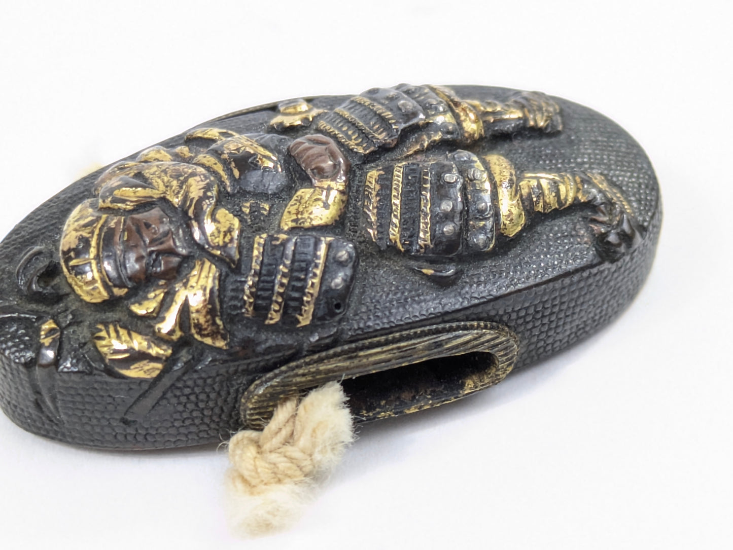 Antique Japanese Edo-Period Sword Katana Fuchi Kashira Samurai Warrior in Gold on Shakudō