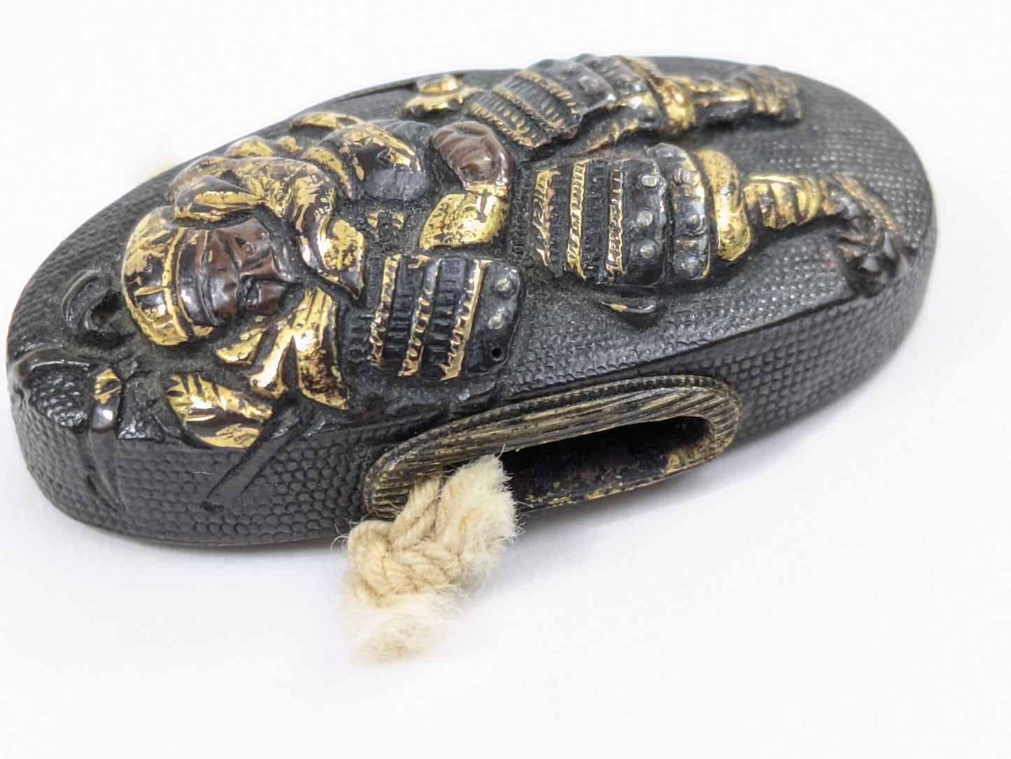 Antique Japanese Edo-Period Sword Katana Fuchi Kashira Samurai Warrior in Gold on Shakudō