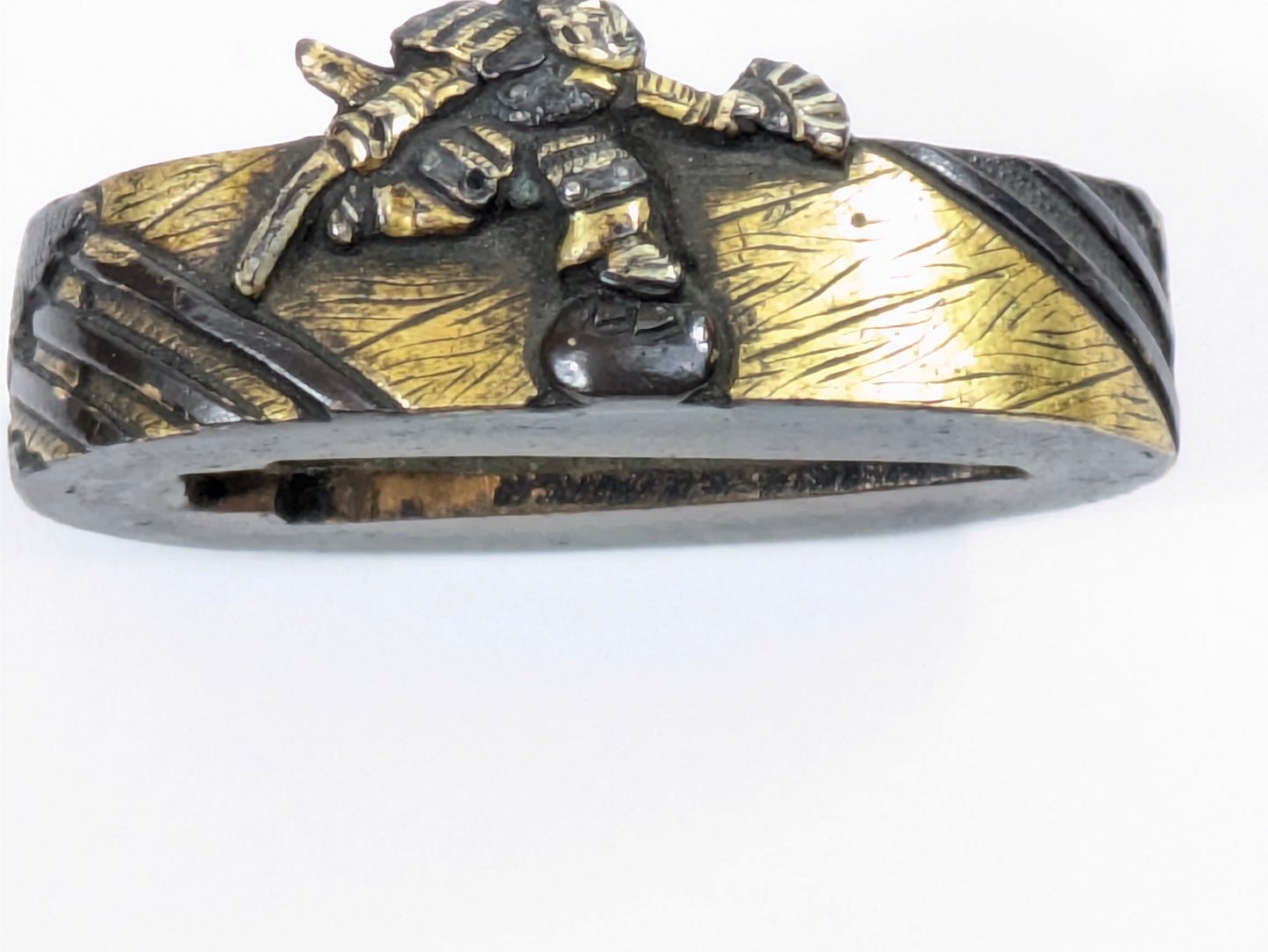 Antique Japanese Edo-Period Sword Katana Fuchi Kashira Samurai Warrior in Gold on Shakudō