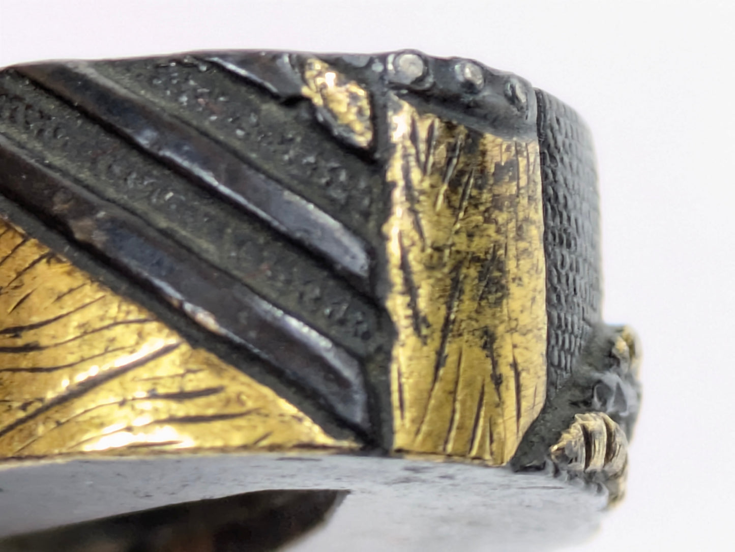 Antique Japanese Edo-Period Sword Katana Fuchi Kashira Samurai Warrior in Gold on Shakudō