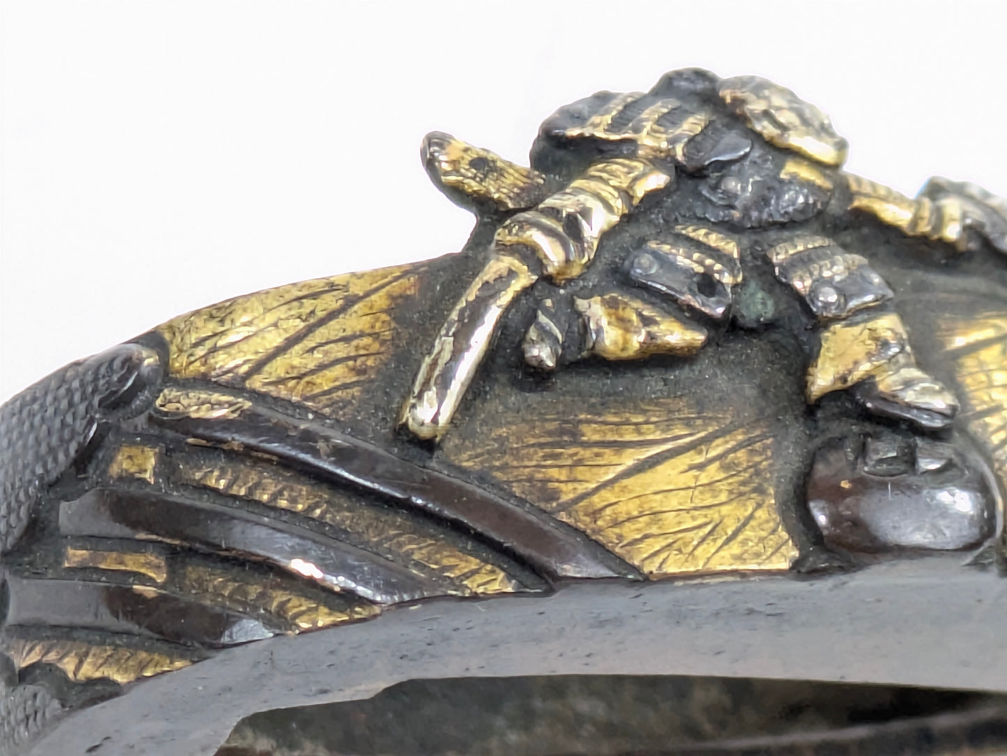 Antique Japanese Edo-Period Sword Katana Fuchi Kashira Samurai Warrior in Gold on Shakudō