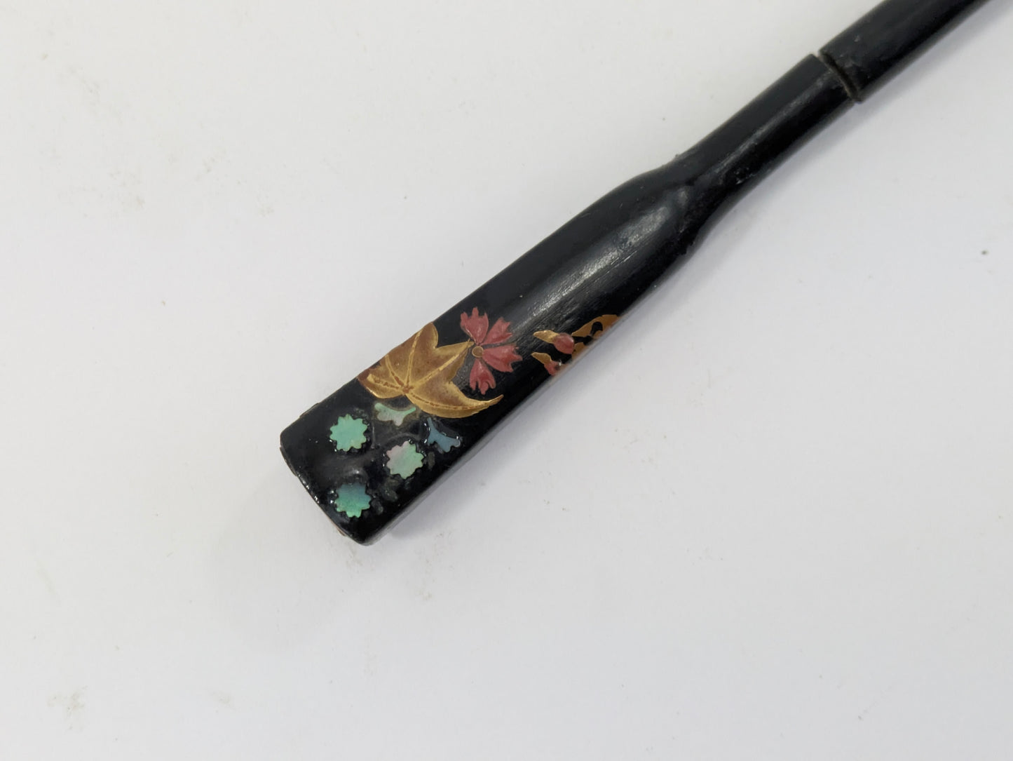 Antique Japanese Kogai Hair Ornament – Autumn Maple and Floral Makie with Raden Inlay – 8¼"