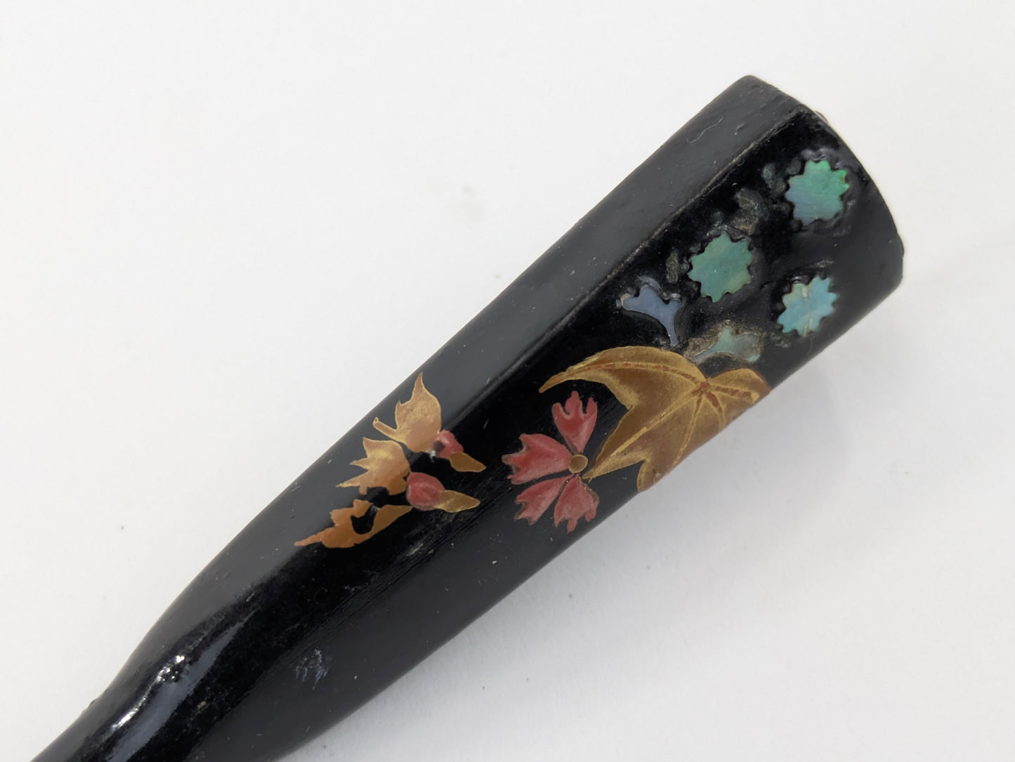 Antique Japanese Kogai Hair Ornament – Autumn Maple and Floral Makie with Raden Inlay – 8¼"