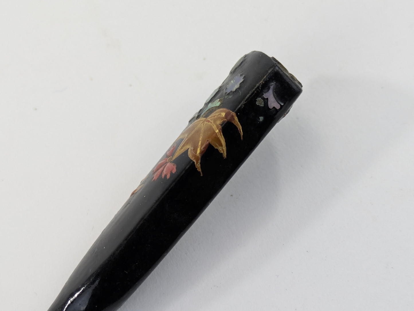 Antique Japanese Kogai Hair Ornament – Autumn Maple and Floral Makie with Raden Inlay – 8¼"