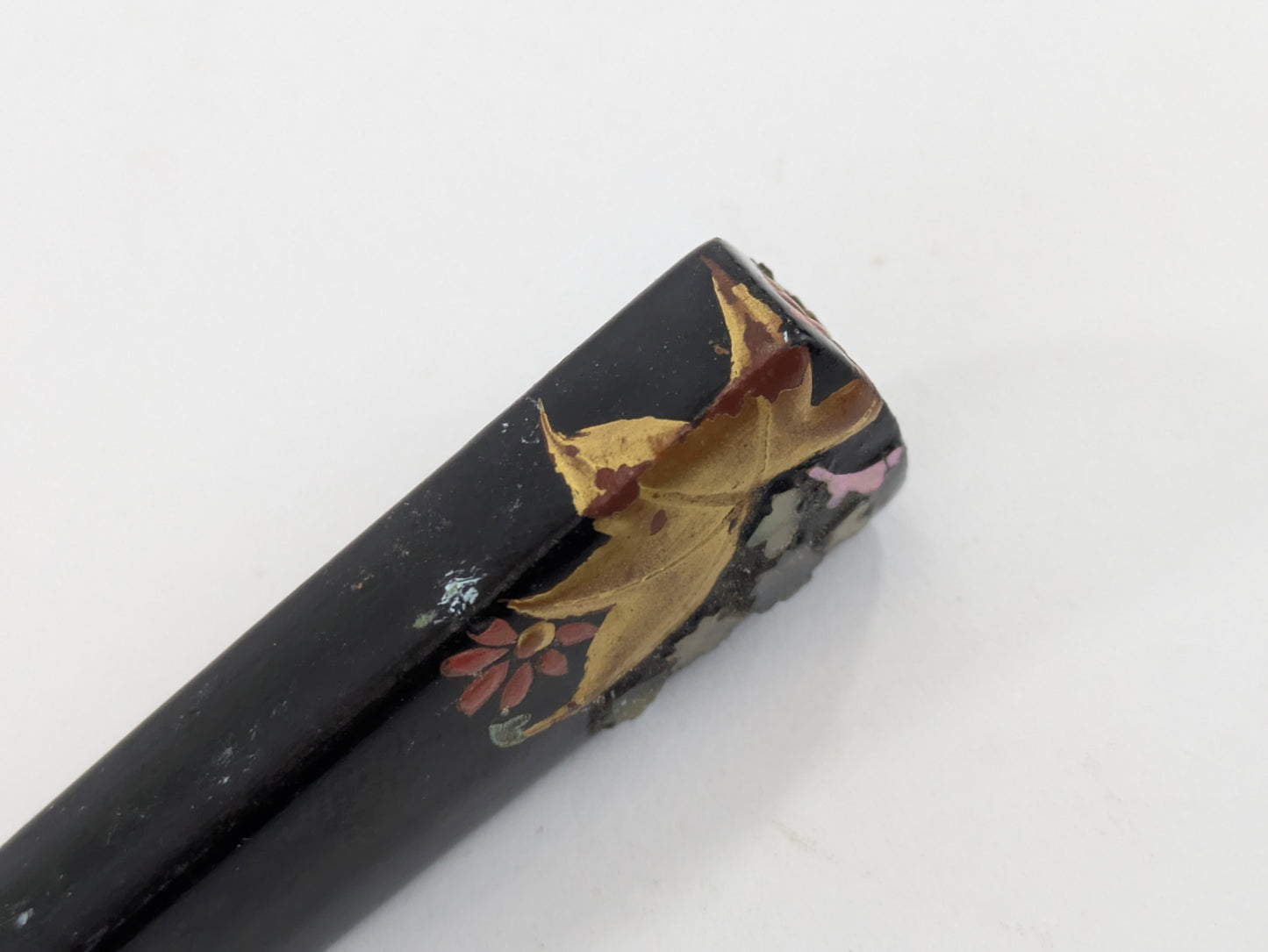 Antique Japanese Kogai Hair Ornament – Autumn Maple and Floral Makie with Raden Inlay – 8¼"