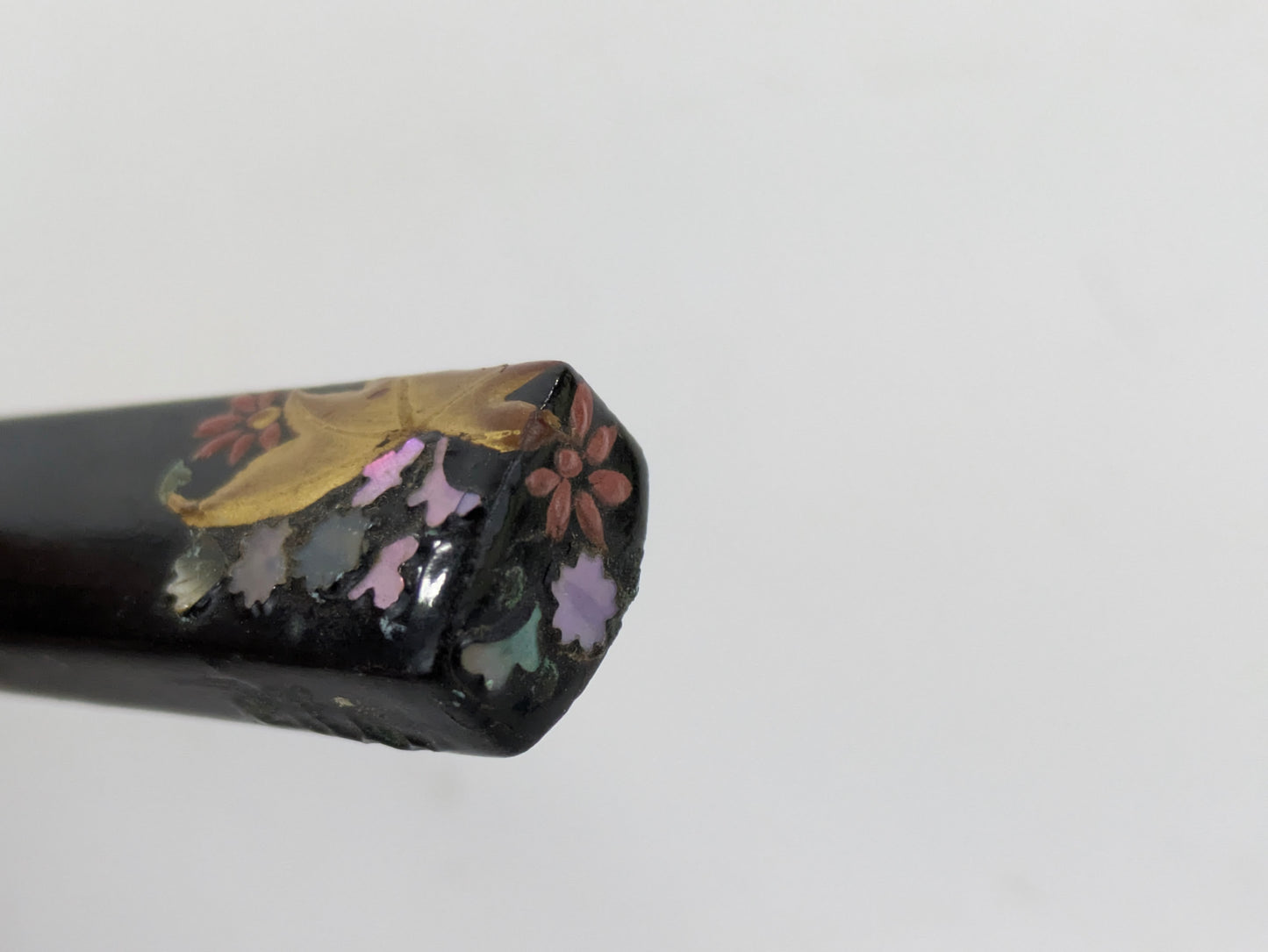 Antique Japanese Kogai Hair Ornament – Autumn Maple and Floral Makie with Raden Inlay – 8¼"