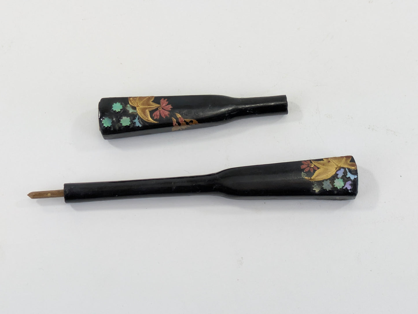 Antique Japanese Kogai Hair Ornament – Autumn Maple and Floral Makie with Raden Inlay – 8¼"