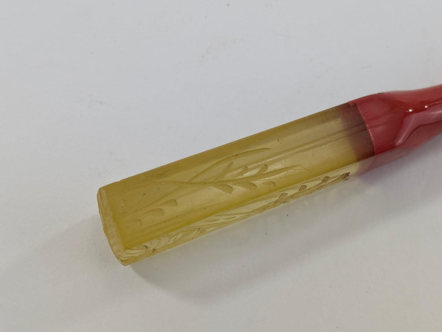 Antique Japanese Kogai Hair Ornament – Red Lacquer with Etched Chrysanthemum on Amber Celluloid – Signed – 8¼"