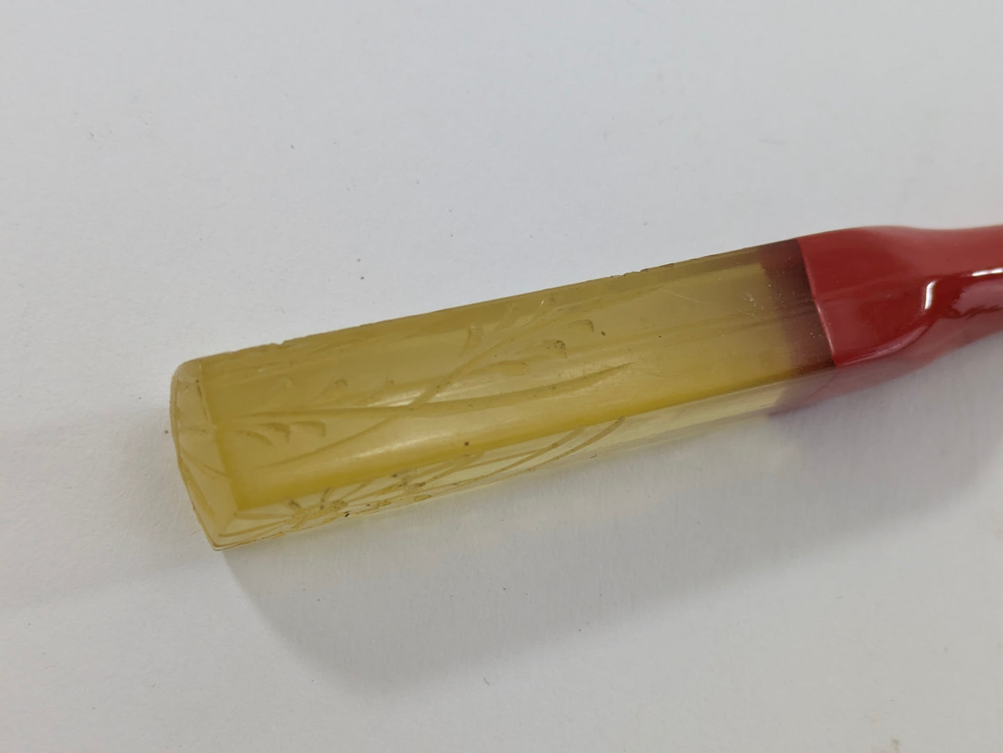 Antique Japanese Kogai Hair Ornament – Red Lacquer with Etched Chrysanthemum on Amber Celluloid – Signed – 8¼"