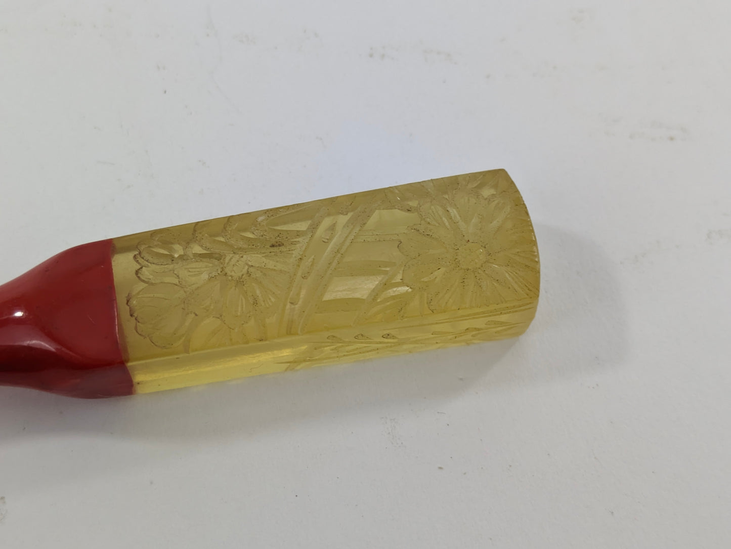 Antique Japanese Kogai Hair Ornament – Red Lacquer with Etched Chrysanthemum on Amber Celluloid – Signed – 8¼"