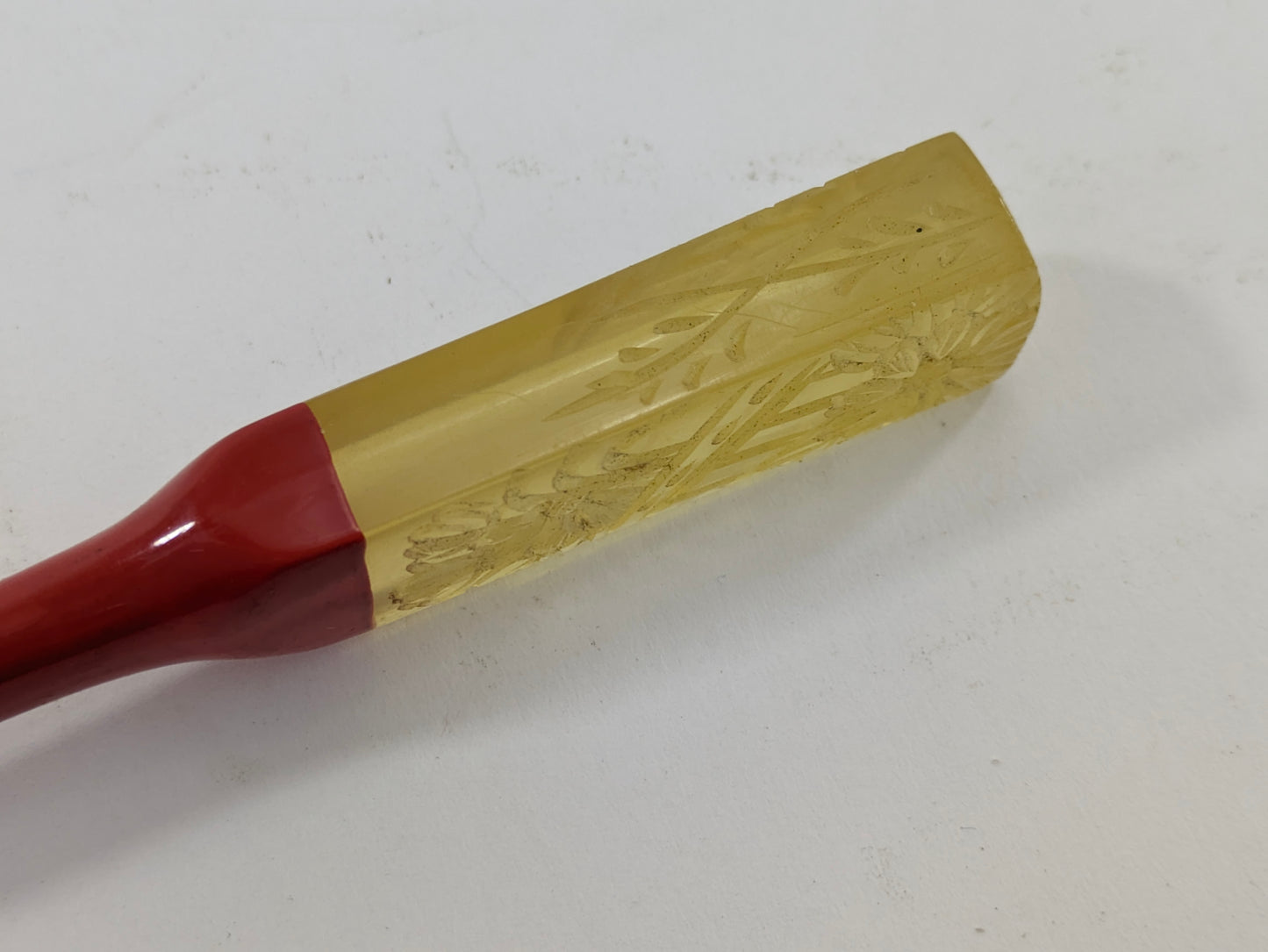 Antique Japanese Kogai Hair Ornament – Red Lacquer with Etched Chrysanthemum on Amber Celluloid – Signed – 8¼"