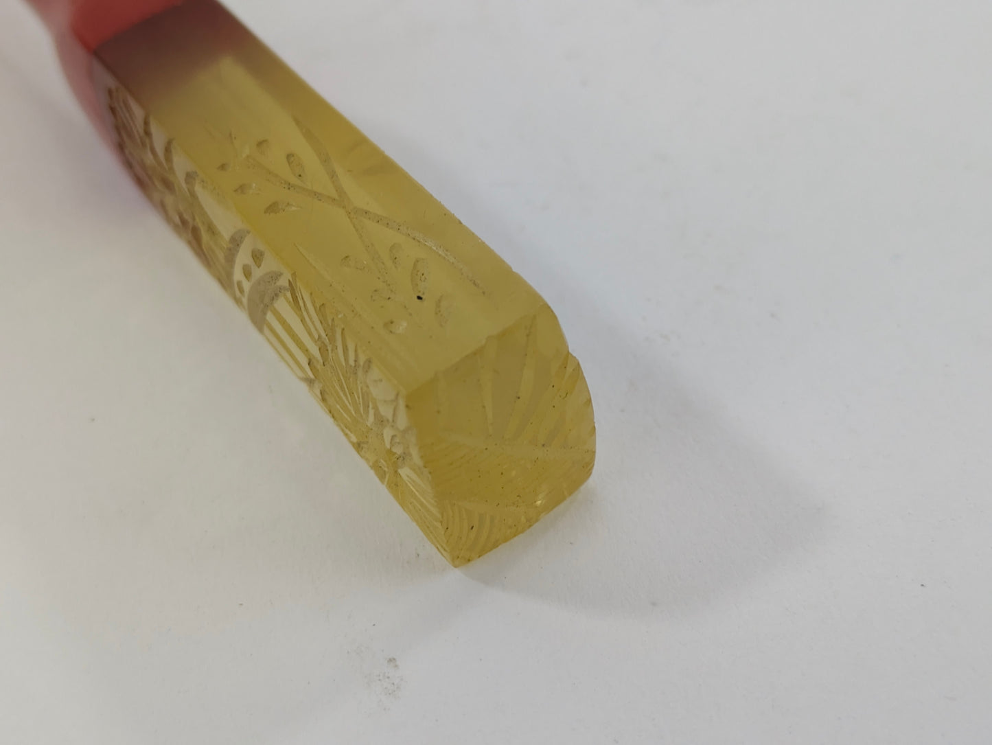 Antique Japanese Kogai Hair Ornament – Red Lacquer with Etched Chrysanthemum on Amber Celluloid – Signed – 8¼"